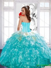 Gorgeous Beaded Aqua Blue 2015 Quinceanera Dress with Ruffled Layers and Appliques