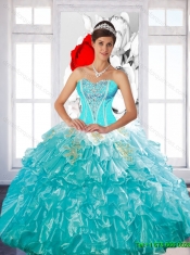 Gorgeous Beaded Aqua Blue 2015 Quinceanera Dress with Ruffled Layers and Appliques