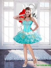 Gorgeous Beaded Aqua Blue 2015 Quinceanera Dress with Ruffled Layers and Appliques