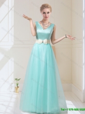 Delicate V Neck Floor Length Dama Dresses with Bowknot for 2015