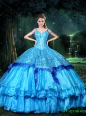 2015 Beautiful V Neck Beaded Quinceanera Dresses in Blue