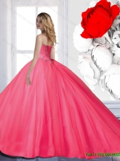 2015 Fall Pretty Beaded Quinceanera Dresses with Brush Train in Hot Pink