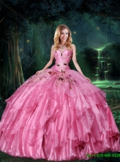 2015 New Style Sweetheart Ball Gown Beaded Sweet 16 Dresses in Rose Pink