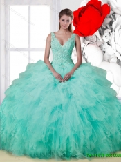 Beautiful 2015 Summer V Neck Beaded Quinceanera Dresses with Ruffles