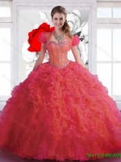 Top Seller Sweetheart Beaded and Ruffles Quinceanera Dresses in Coral Red for 2016