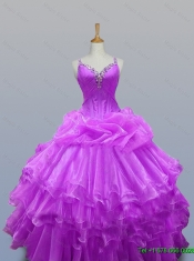 2015 Popular Straps Beaded Quinceanera Dresses with Ruffled Layers