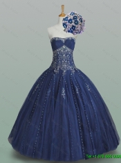 Elegant Ball Gown Strapless Beaded Quinceanera Dresses in Navy Blue