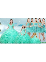 2015 Summer Perfect Ruffles and Beaded Quinceanera Dress and Aqua Blue Short Dama Dresses and Cute Scoop Little Girl Dress