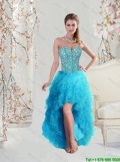 2016 Beautiful Sweetheart Beaded and Ruffles Turquoise Dama Dresses High Low