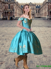2016 Pretty Tea Length Teal Off the Shoulder Prom Dresses with Embroidery