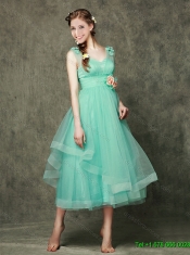 2016 Summer Top Seller Straps Turquoise Dama Dresses with Hand Made Flowers