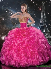 2016 Beautiful Hot Pink Quinceanera Gowns with Beading and Ruffles