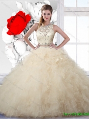 2016 Classical Champagne Quinceanera Dresses with Beading and Ruffles