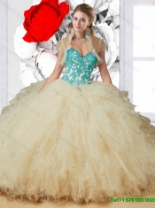 2016 Exquisite Sweetheart Champagne Quinceanera Dresses with Appliques and Ruffles