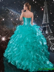 2016 Informal Beaded and Ruffles Turquoise Quinceanera Dresses with Brush Train