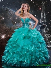 2016 Informal Beaded and Ruffles Turquoise Quinceanera Dresses with Brush Train