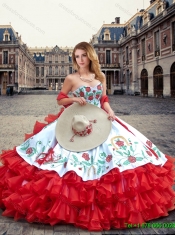2016 Luxurious White and Red Quinceanera Dresses with Ruffled Layers and Embroidery