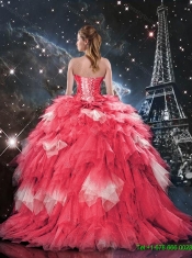 2016 Modest Brush Train Beaded Quinceanera Dresses in White and Red