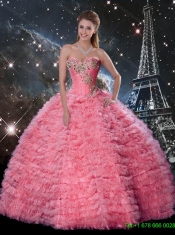 2016 Modest Rose Pink Sweetheart Quinceanera Dresses with Beading and Ruffles