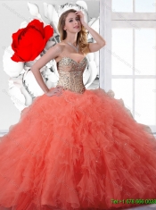 2016 New Ball Gown Beaded and Orange Red Quinceanera Dresses with Ruffles