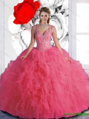 2016 New Style Beaded and Ruffles Rose Pink Quinceanera Dresses with Straps