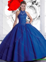 2016 New Style Halter Top Beaded Navy Blue Quinceanera Dresses