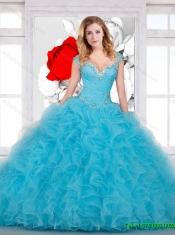 2016 Perfect Ball Gown Beaded and Ruffles Sweet 16 Dress in Aqua Blue