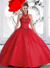 2016 Pretty Ball Gown Halter Top Red Quinceanera Dresses with Beading