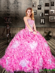 2016 Pretty Brush Train Sweetheart Rose Pink Quinceanera Dresses with Ruffles and Beading
