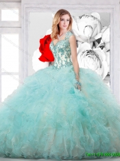 Beautiful Aqua Blue Straps Quince Dress with Appliques and Ruffles for 2016