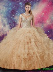 Exclusive V Neck Champagne Quinceanera Dresses with Ruffles for 2016