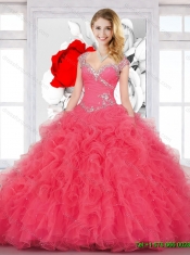 Top Seller Ball Gown Coral Red 2016 Sweet 16 Dresses with Beading and Ruffles