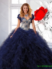 Trendy Navy Blue Quinceanera Dresses with Appliques and Ruffle for 2016