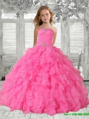 2016 Fall Luxurious Beading Rose Pink Little Girl Pageant Dress with Ruffles