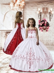 2016 Summer Popular Spaghetti Straps White Satin Little Girl Pageant Dress with Embroidery