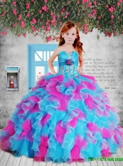 Pretty 2016 Summer Appliques Pink and Blue Litttle Girl Pageant Dress with Hand Made Flower and Ruffles