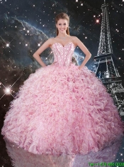 Cheap Ball Gown Pink Quinceanera Dresses with Ruffles and Beading