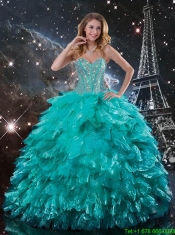 Cheap Brush Train Turquoise Quinceanera Dresses with Beading and Ruffles