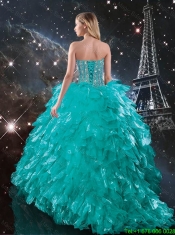 Cheap  Brush Train Turquoise Quinceanera Dresses with Beading and Ruffles