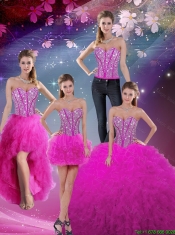 Cheap Detachable Sweetheart Ball Gown Beaded and Ruffles Quinceanera Dresses in Fuchsia