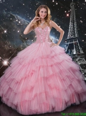 Comfortable Beaded Ball Gown Pink Sweet 16 Dresses with Floor Length for Winter