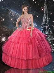 Comfortable Hand Made Flowers Coral Red Quinceanera Dresses with Beading