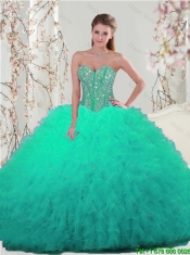 Sweetheart Beaded and Ruffles Detachable Quinceanera Dresses in Turquoise