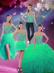 Sweetheart Beaded and Ruffles Detachable Quinceanera Dresses in Turquoise