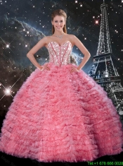 Latest Ball Gown Beaded Rose Pink Quinceanera Dresses with Ruffles for Winter