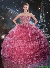 Pretty Ball Gown Coral Red Sweet 16 Dresses with Ruffles and Beading