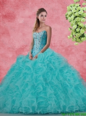 2016 Beautiful Strapless Beaded and Ruffles Quinceanera Dresses in Aqua Blue