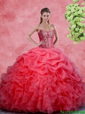 2016 Popular Beaded and Ruffles Quinceanera Gowns in Coral Red