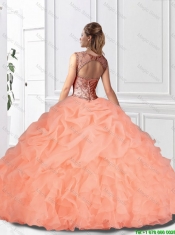 Perfect Beaded and Ruffles Watermelon Quinceanera Gowns with Bateau for 2016