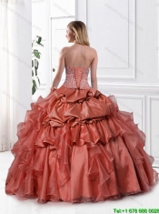 2015 Luxurious Beaded Rust Red Quinceanera Dresses with Appliques